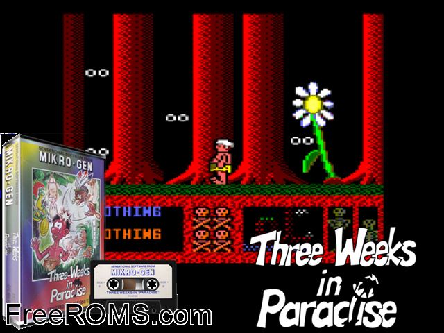 3 Weeks in Paradise (UK) (1986) [a1] Amstrad CPC game showing 3D box cover and gameplay screenshot